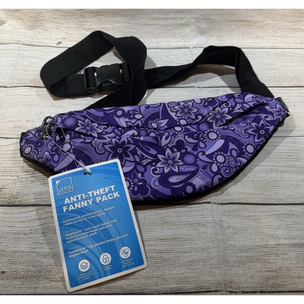 NEW Lewis N Clark Anti Theft Fanny Pack Waist Bag Purple Floral NWT TbH9